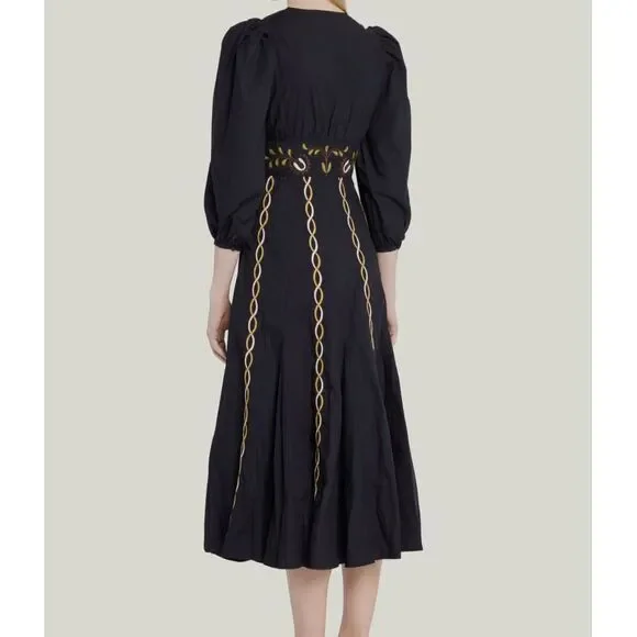 $565 Rhode Women's Black Eunice Puff Sleeve Embroidered Midi Dress Size Small - Picture 2 of 3